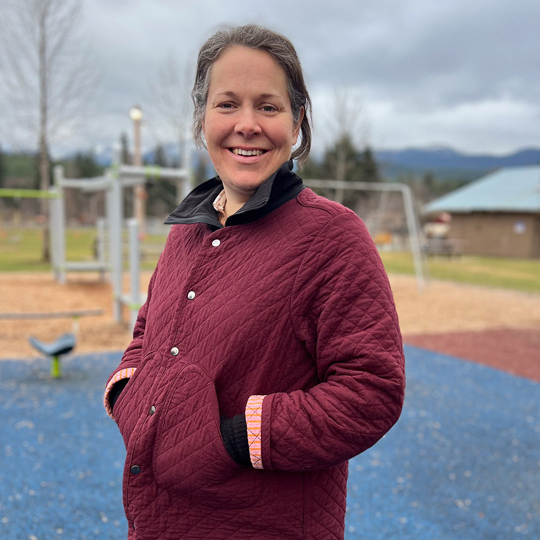 Helen's sister Tracy wearing a burgundy Wildwood Jacket - Helen's Closet Patterns Blog