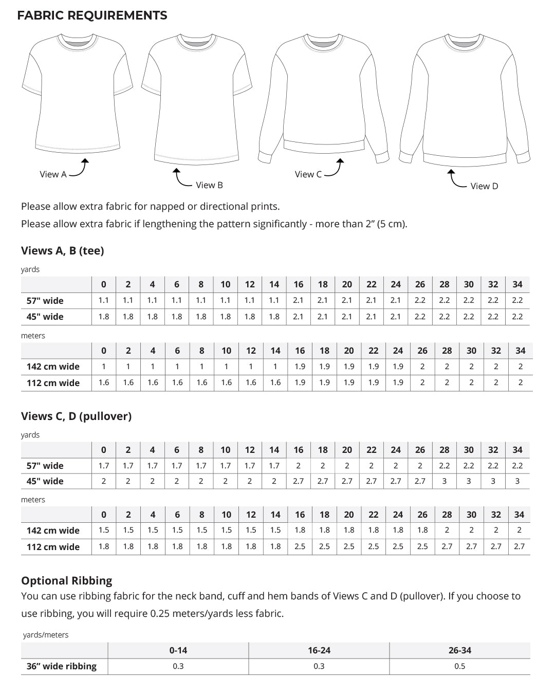 Jackson Tee and Pullover Fabric Requirements