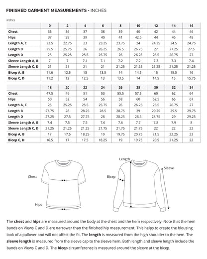 Jackson Tee and Pullover finished garment measurements