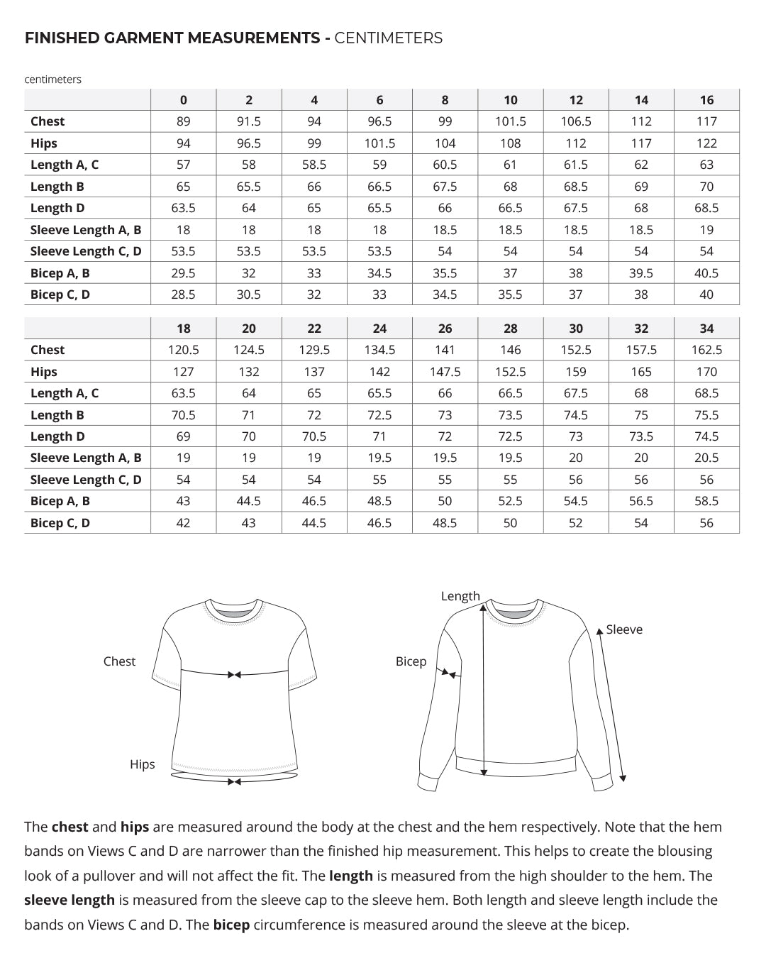 Jackson Tee and Pullover finished garment measurements