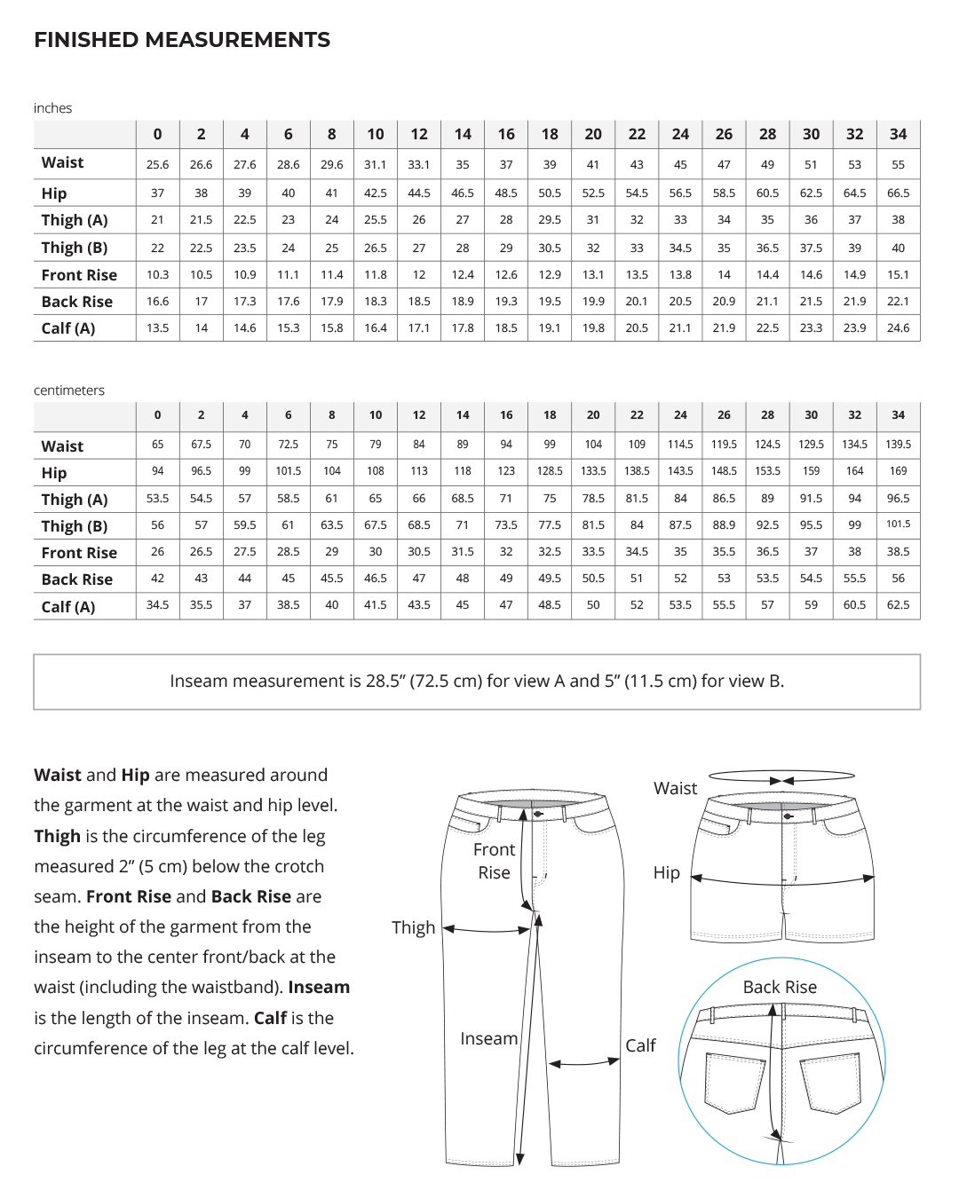 Brooks Jeans Finished Garment Measurements