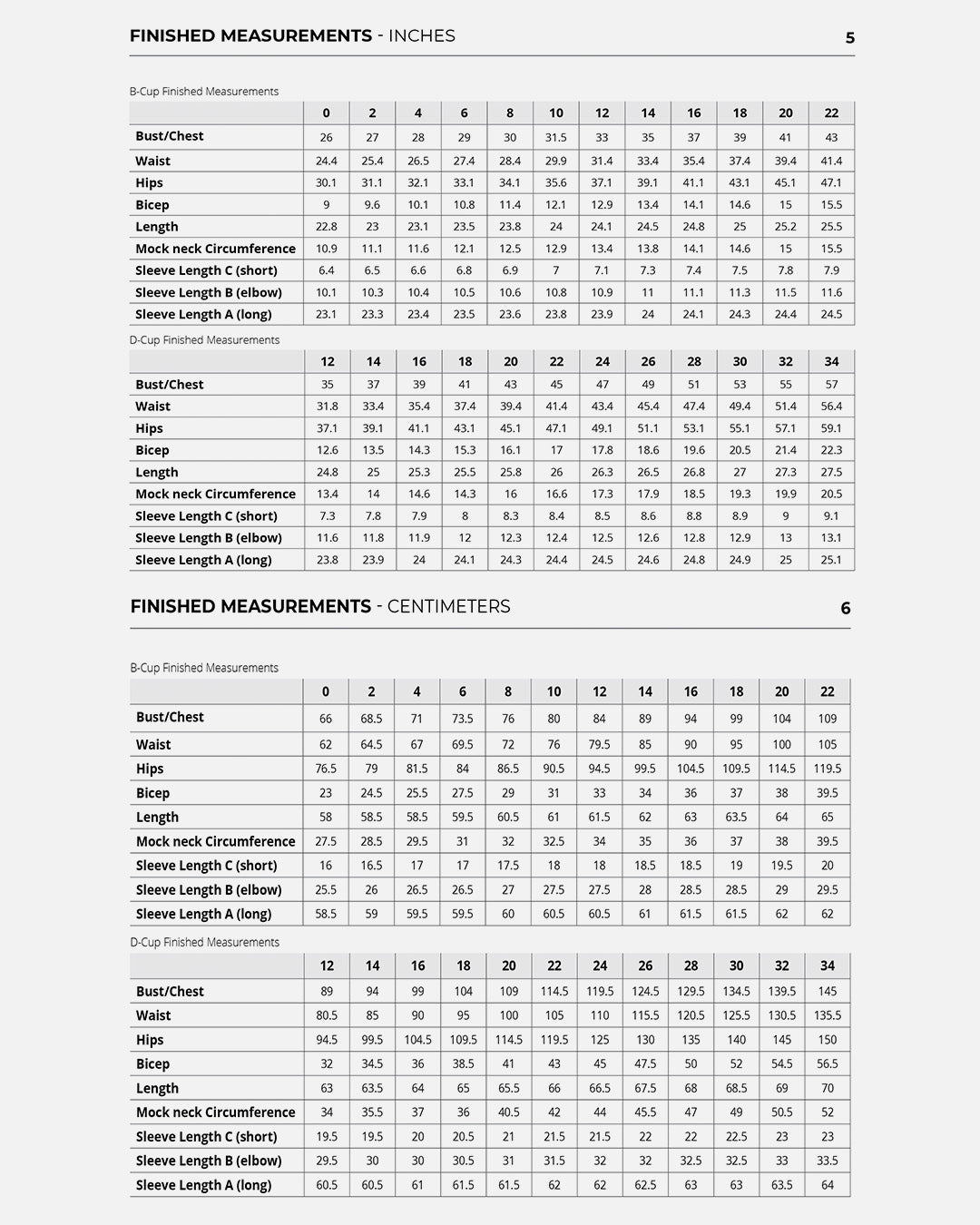 Dawson Top Finished Garment Measurements