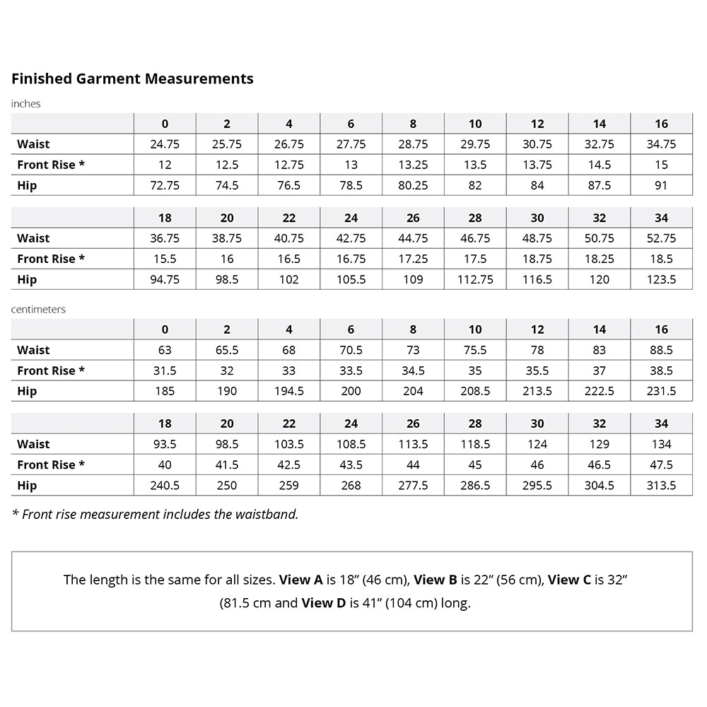 Winslow Culottes finished garment measurements