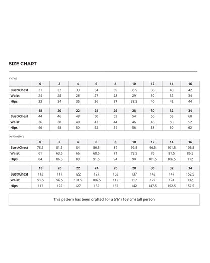 The Wildwood Jacket and Vest Sewing Pattern size chart