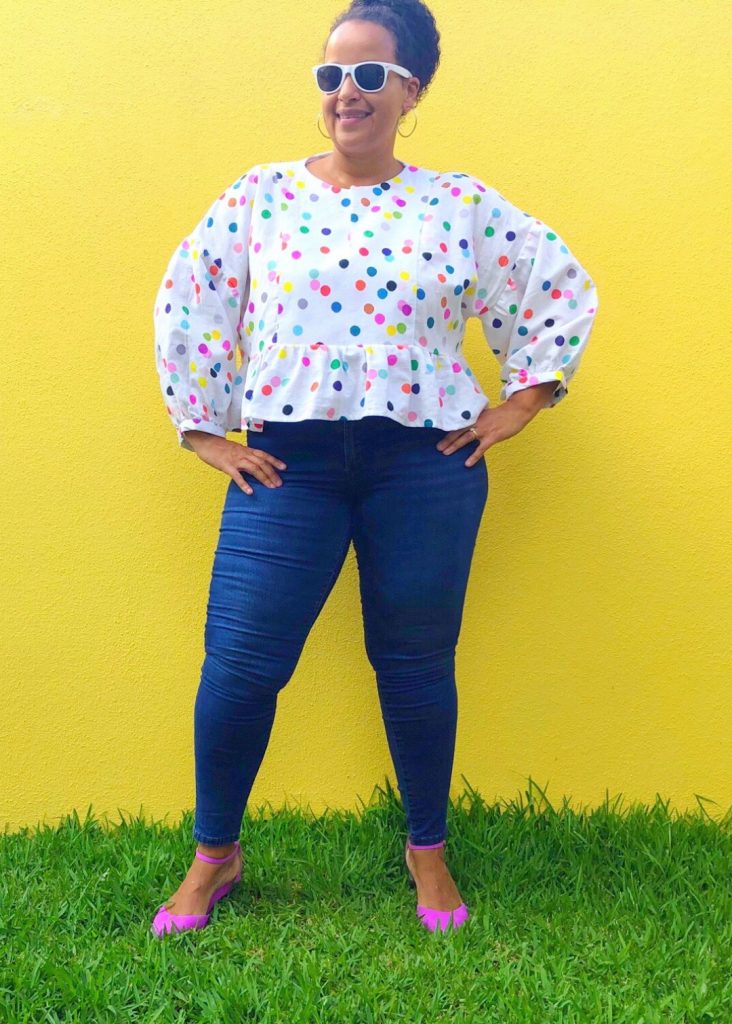 Flavia's March Top Review. The March Top sewing pattern features a dropped shoulder, puffy sleeves, and a peplum. 
